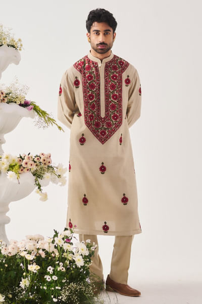 Light beige aari embroidered kurta set
