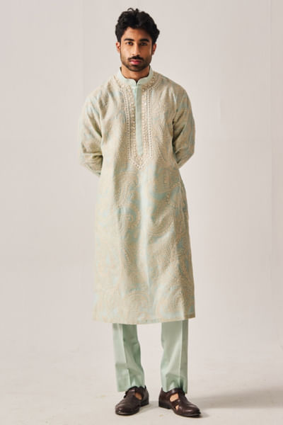 Light aqua dori-marodi embroidered kurta set