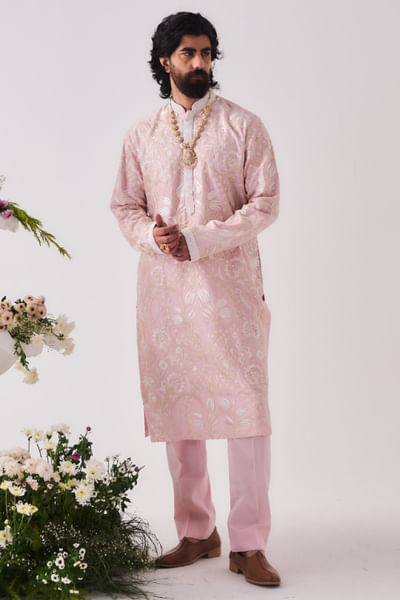 Pale pink dori-resham embroidered kurta set