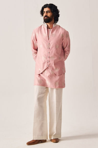 Pale pink hand embroidered bandi kurta set