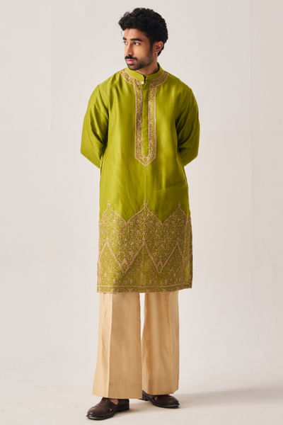 Leaf green zari-dori and marodi kurta set