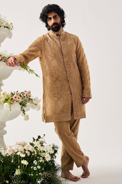 Sand aari embroidered front-open kurta set
