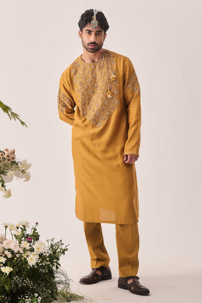 Dark mustard hand embroidered kurta set