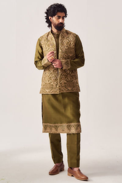Dark olive zari-dori and marodi bandi set
