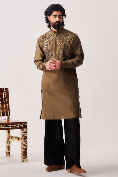 Olive brown resham embroidered kurta set
