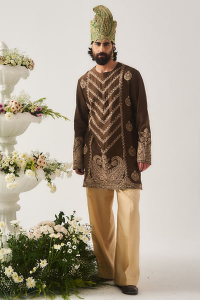 Chocolate dori and marodi embroidery kurta set