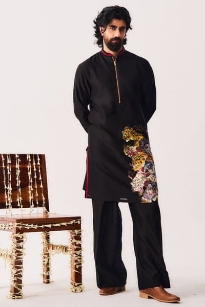 Black tiger hand painted kurta set