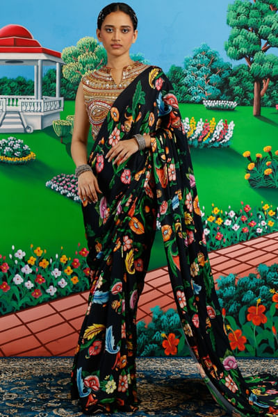Black floral print sari set