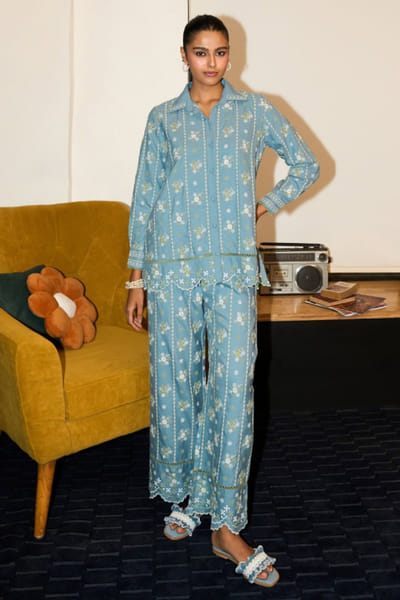Light blue floral embroidered co-ords