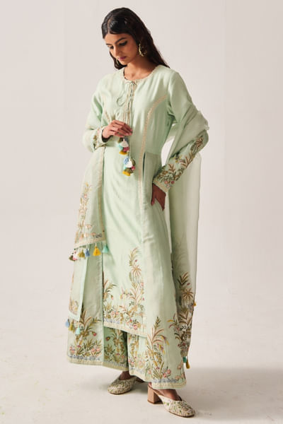 Light sage floral-palm embroidered kurta set