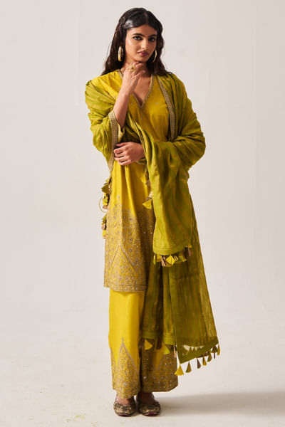 Mustard zari aari embroidered kurta set