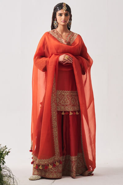 Rust zari-aari embroidered kurta sharara set