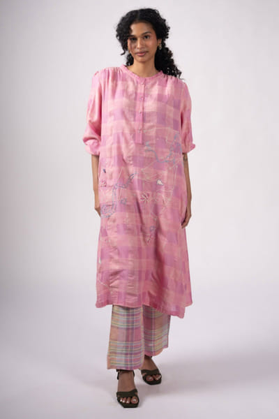 Subtle Shuttle Studio Pink spaced dyed plaid hand embroidered tunic SUBTAUG26D151455