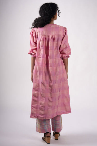 Subtle Shuttle Studio Pink spaced dyed plaid hand embroidered tunic SUBTAUG26D151455