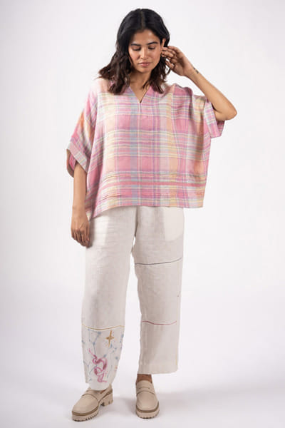 Subtle Shuttle Studio Multicolour plaid patterned hand embroidered top SUBTAUG26D151451