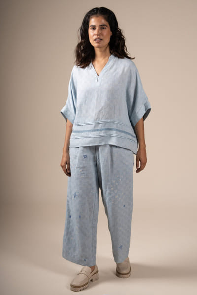 Subtle Shuttle Studio Chambray blue French knot hand embroidered top SUBTMAY26D143582