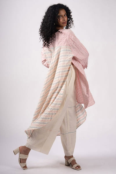 Subtle Shuttle Studio Pink-blue checks print hand embroidered tunic SUBAPR26D141714