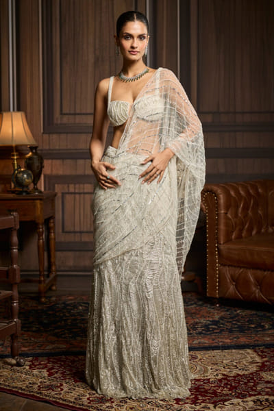 Silver embellished pre-draped skirt sari set