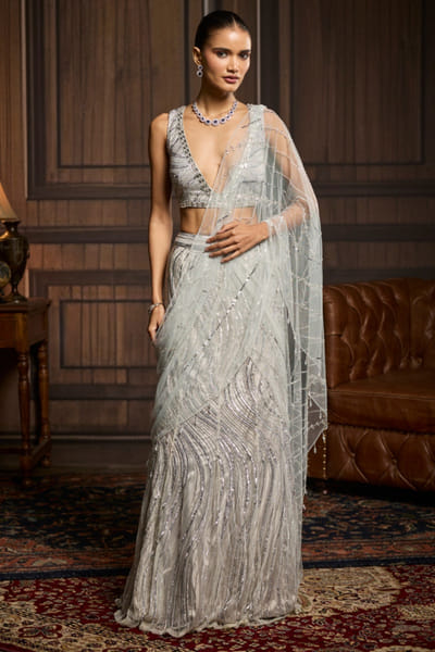 Silver embellished pre-drape skirt sari set