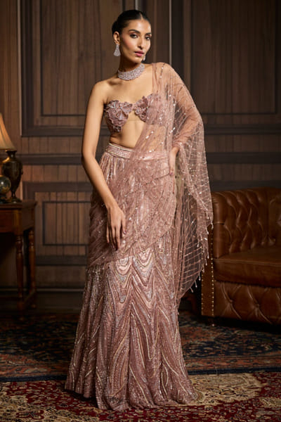 Blush pink 3D embellished pre-draped sari set