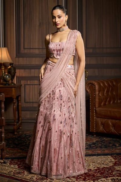 Blush pink embellished draped sari set