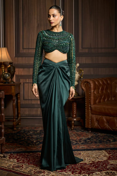 DiyaRajvvir Emerald green embroidered and draped skirt set DIYFEB26D139818