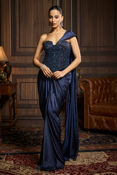 Midnight blue embellished and draped sari set