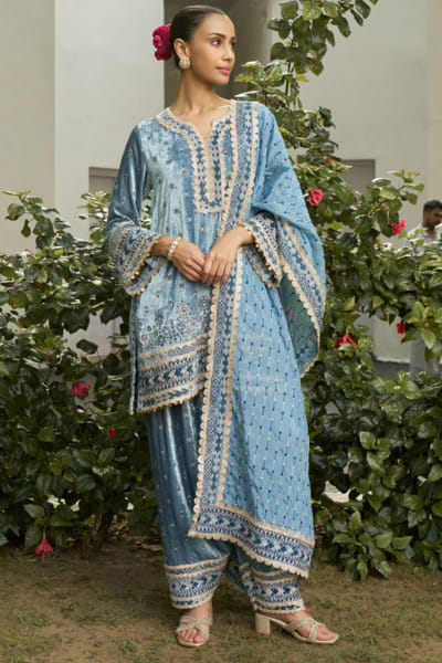 Steel blue embroidered velvet kurta set