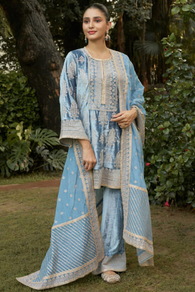Steel blue embroidered kurta set