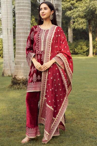 Wine zari embroidered velvet kurta set