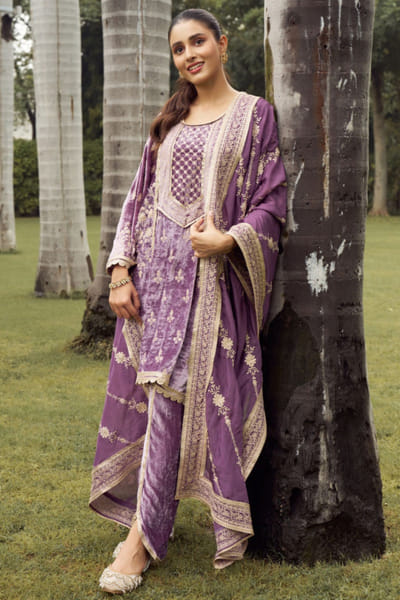 Lavender embroidered velvet dhoti kurta set
