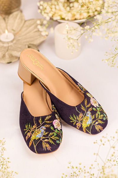 Indigo floral and bird embroidered mule heels