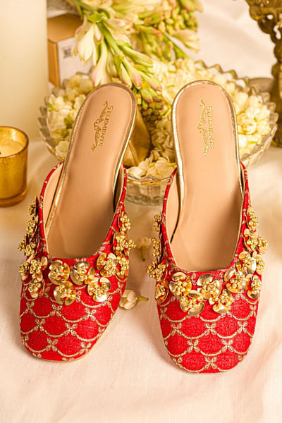 Red and gold floral sequin-bead mule heels