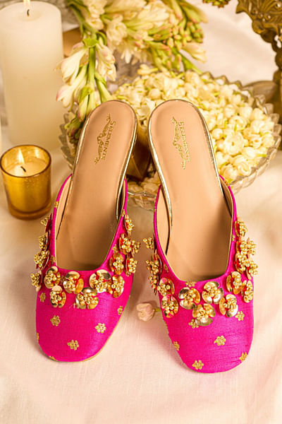 Pink and gold floral sequin-bead mule heels