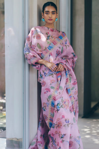 Pink floral printed sari set