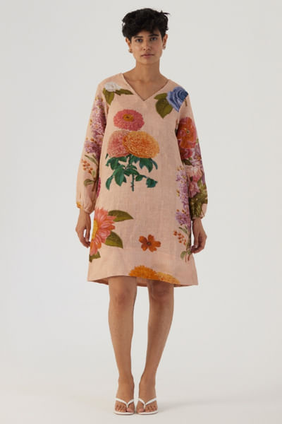 Beige botanical printed short dress