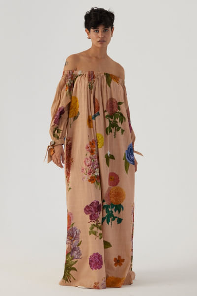 Beige botanical printed off-shoulder long dress