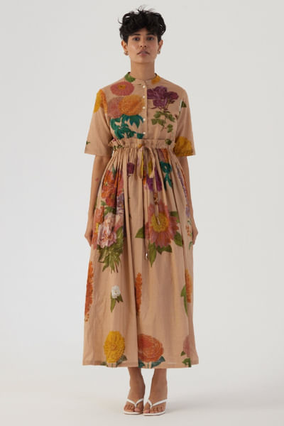 Beige botanical printed gathered dress