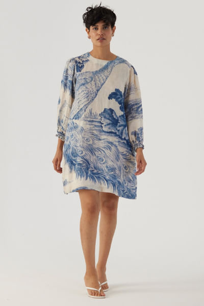 White peacock printed short dress