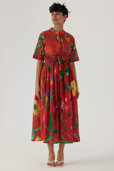 Red botanical printed gathered dress