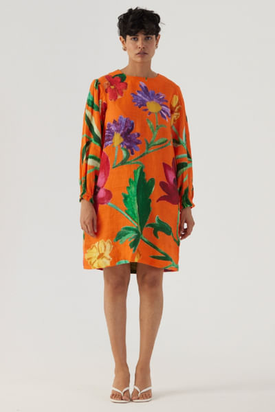 Orange botanical printed short dress