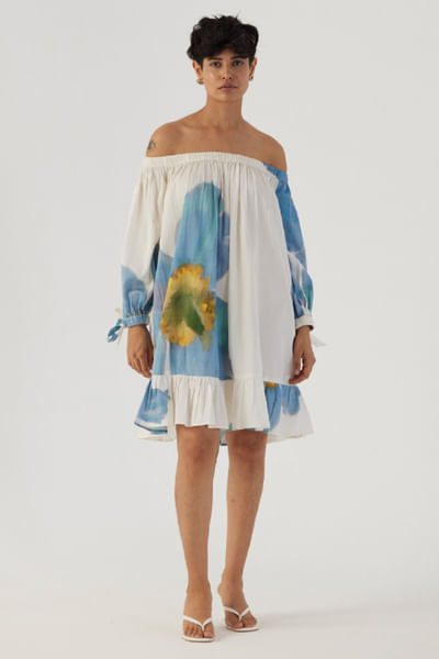 White and blue poppy print off-shoulder dress