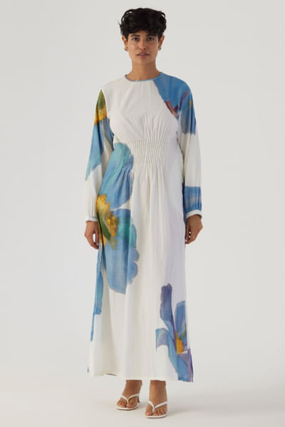 White and blue poppy printed pintuck dress
