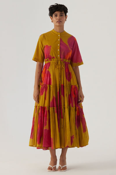 Mustard and pink poppy printed tiered dress