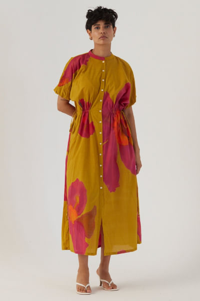 Mustard and pink poppy printed tie-up dress