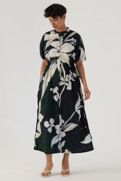 Black leaf printed tie-up dress