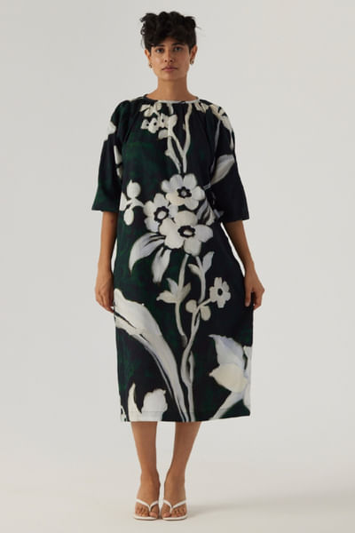 Black leaf printed midi dress