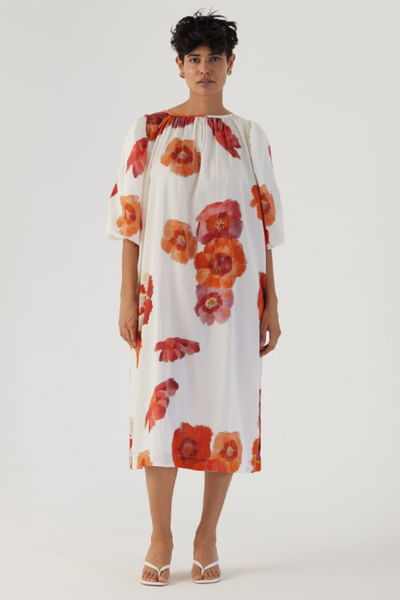 White and red poppy printed dress
