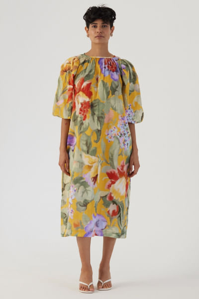 Yellow botanical printed midi dress