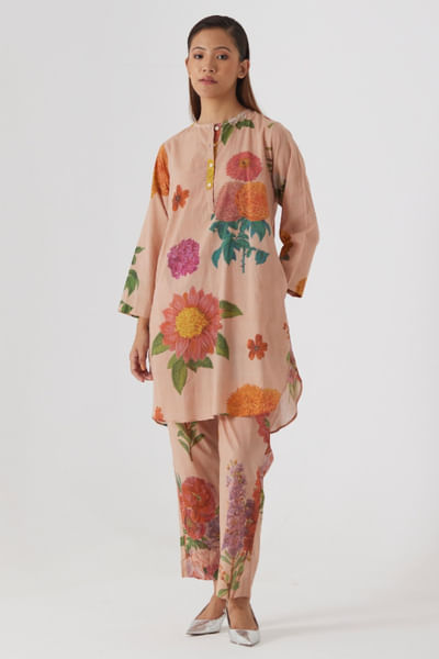 Beige vintage garden printed short kurta set
